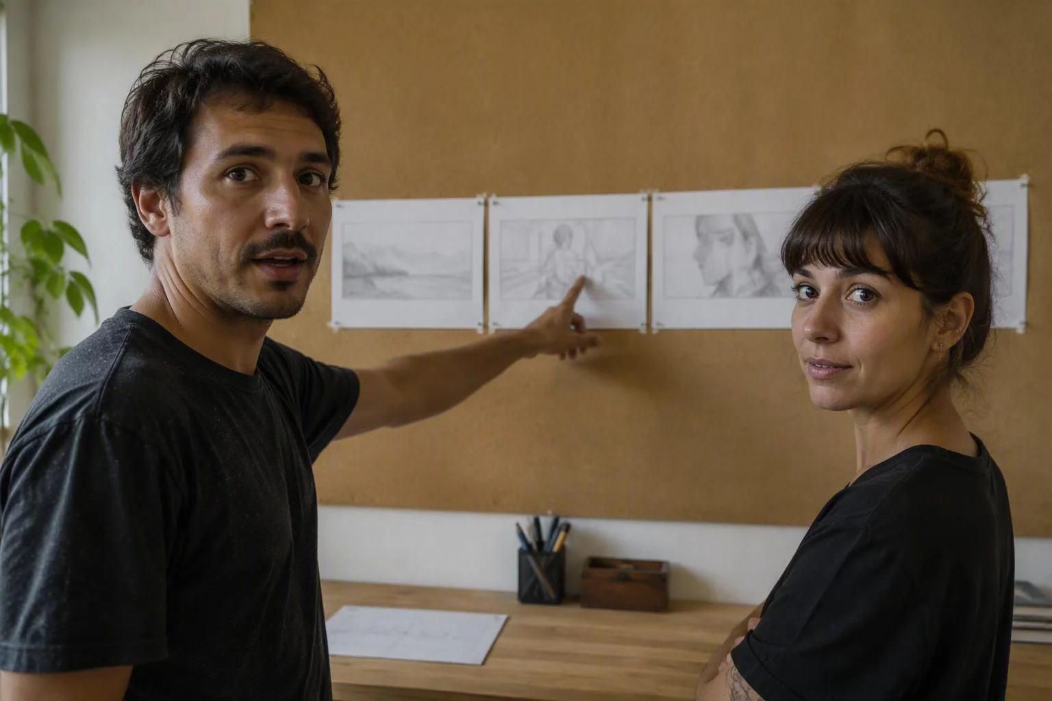 Duas pessoas diante do quadro com a sequência de planos do comercial