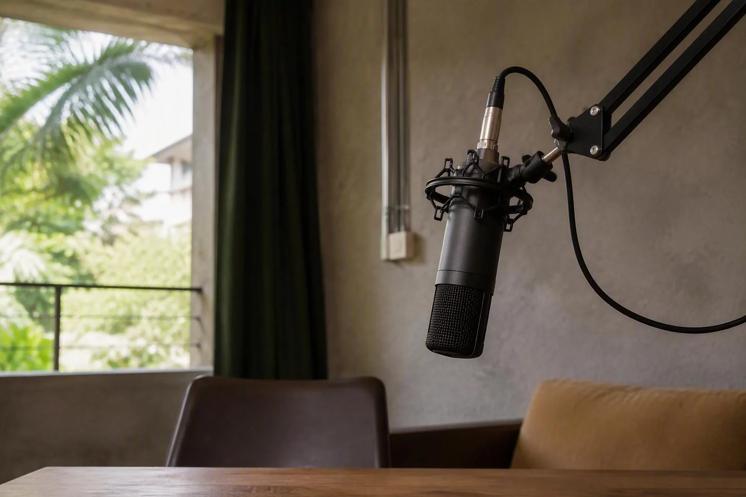 Microfone direcional preso à haste acima da mesa de gravação
