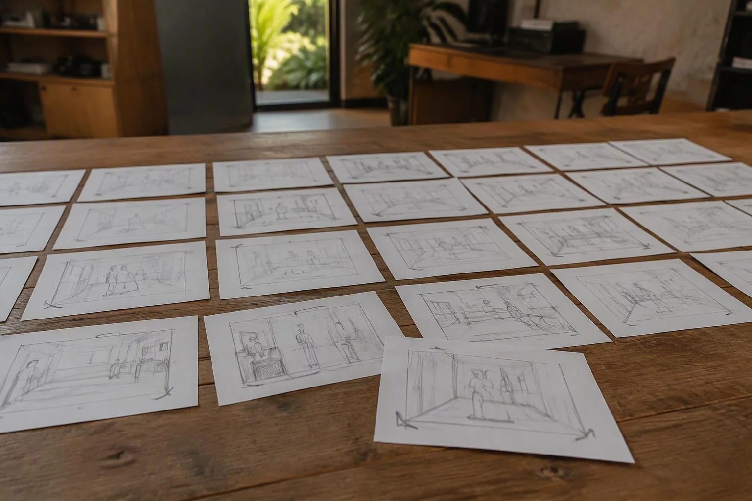 Cartões de storyboard espalhados na ordem dos planos