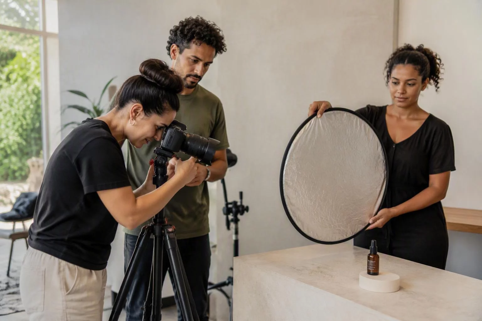 Equipe de filmagem ajustando a câmera diante de um produto sobre a bancada